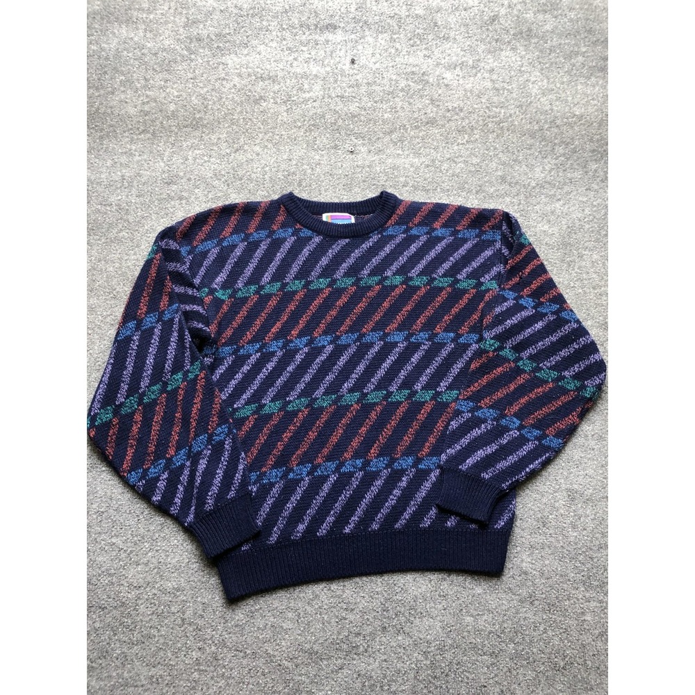 Vintage Sweater Graphix Sweater Mens Large Blue Striped Crewneck Knit Retro 80s